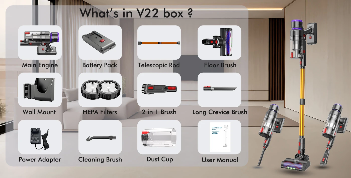 Armo V22 55kPa 600W Power Handheld Vacuum Cleaner 6 in 1 Cordless Vacuum Cleaner Smart Home Dust Cup Removable Battery