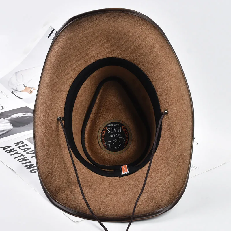 100% Leather Western Cowboy Hat For Men Women Vintage Roll Brim Knight Hat Gentleman Church Cap Sombrero Hombre