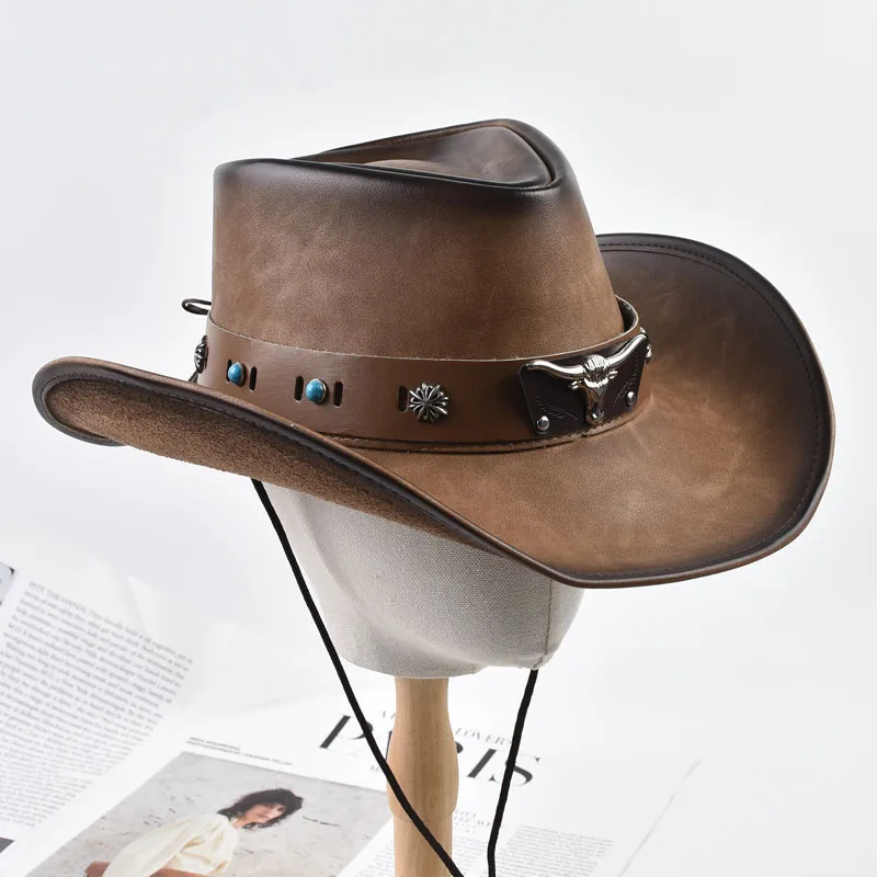 100% Leather Western Cowboy Hat For Men Women Vintage Roll Brim Knight Hat Gentleman Church Cap Sombrero Hombre