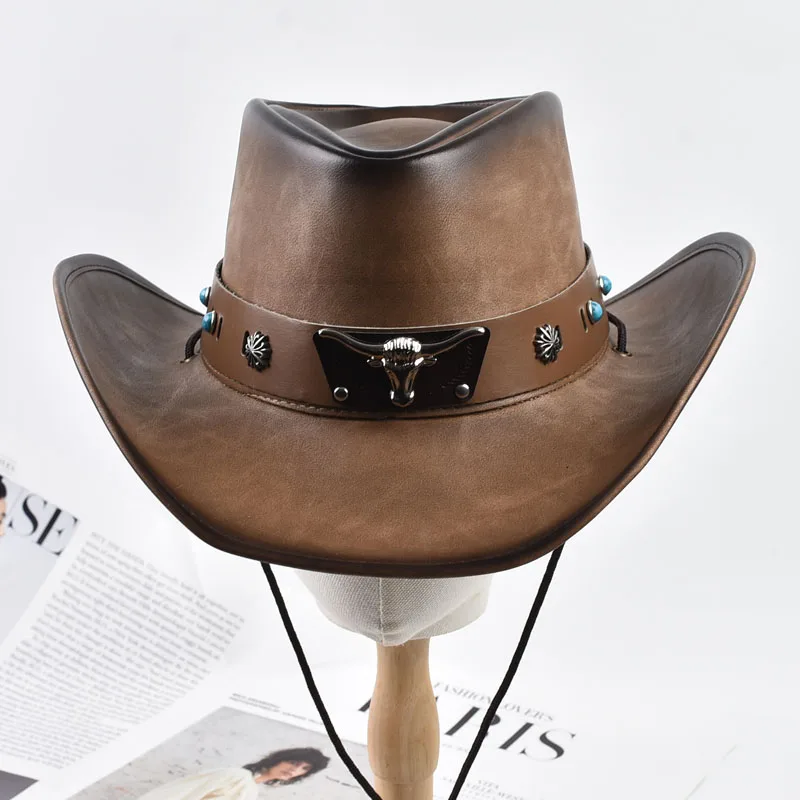 100% Leather Western Cowboy Hat For Men Women Vintage Roll Brim Knight Hat Gentleman Church Cap Sombrero Hombre