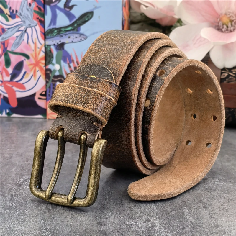 38MM Double Pin Metal Belt Buckle Genuine Leather Belt Men Jeans Leather Belt For Men Ceinture Western Cowboy Men Belt MBT0038