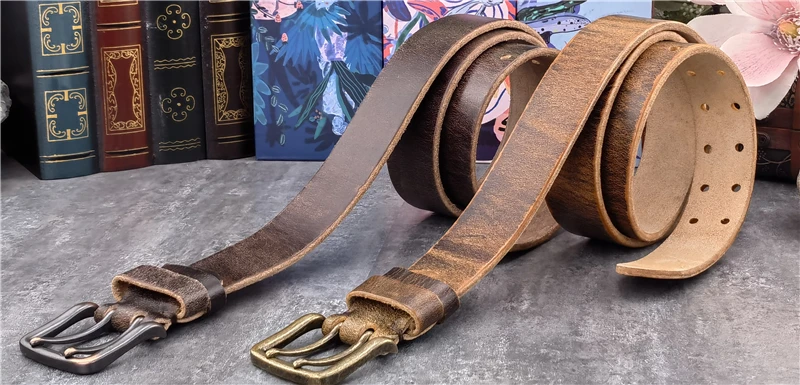 38MM Double Pin Metal Belt Buckle Genuine Leather Belt Men Jeans Leather Belt For Men Ceinture Western Cowboy Men Belt MBT0038