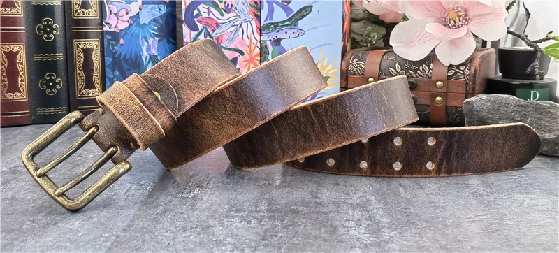 38MM Double Pin Metal Belt Buckle Genuine Leather Belt Men Jeans Leather Belt For Men Ceinture Western Cowboy Men Belt MBT0038