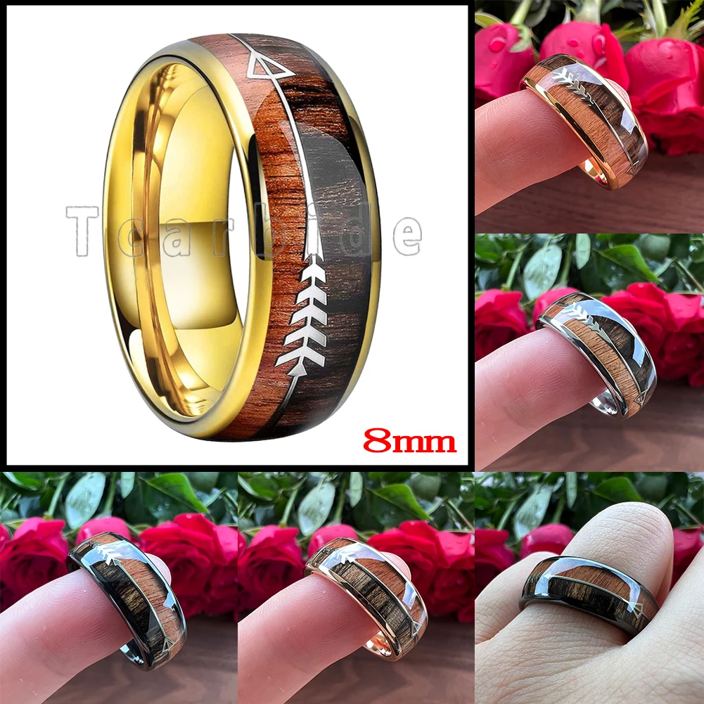 6MM 8MM Mens Womens Tungsten Carbide Ring With Double Wood And Steel Arrow Inlay Fashion Gift Jewelry Comfort Fit
