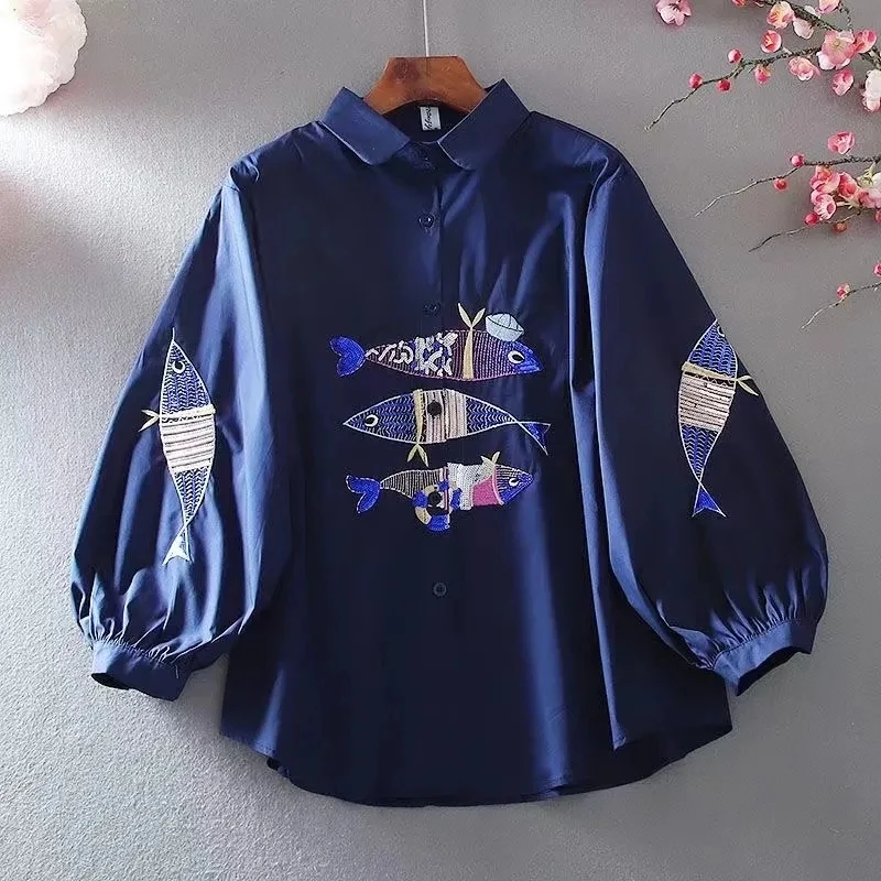 New Embroidered Shirt Women's 2024 Summer Fashion Retro Western Style Design Sense Loose Lantern Sleeve Blouse Lady Tops