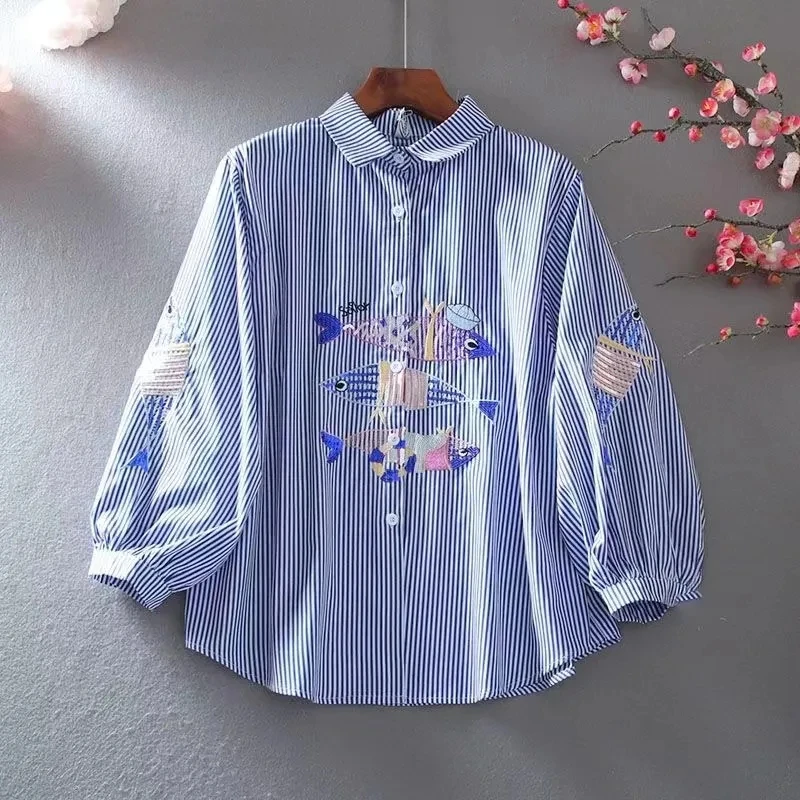 New Embroidered Shirt Women's 2024 Summer Fashion Retro Western Style Design Sense Loose Lantern Sleeve Blouse Lady Tops