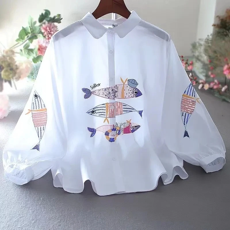 New Embroidered Shirt Women's 2024 Summer Fashion Retro Western Style Design Sense Loose Lantern Sleeve Blouse Lady Tops