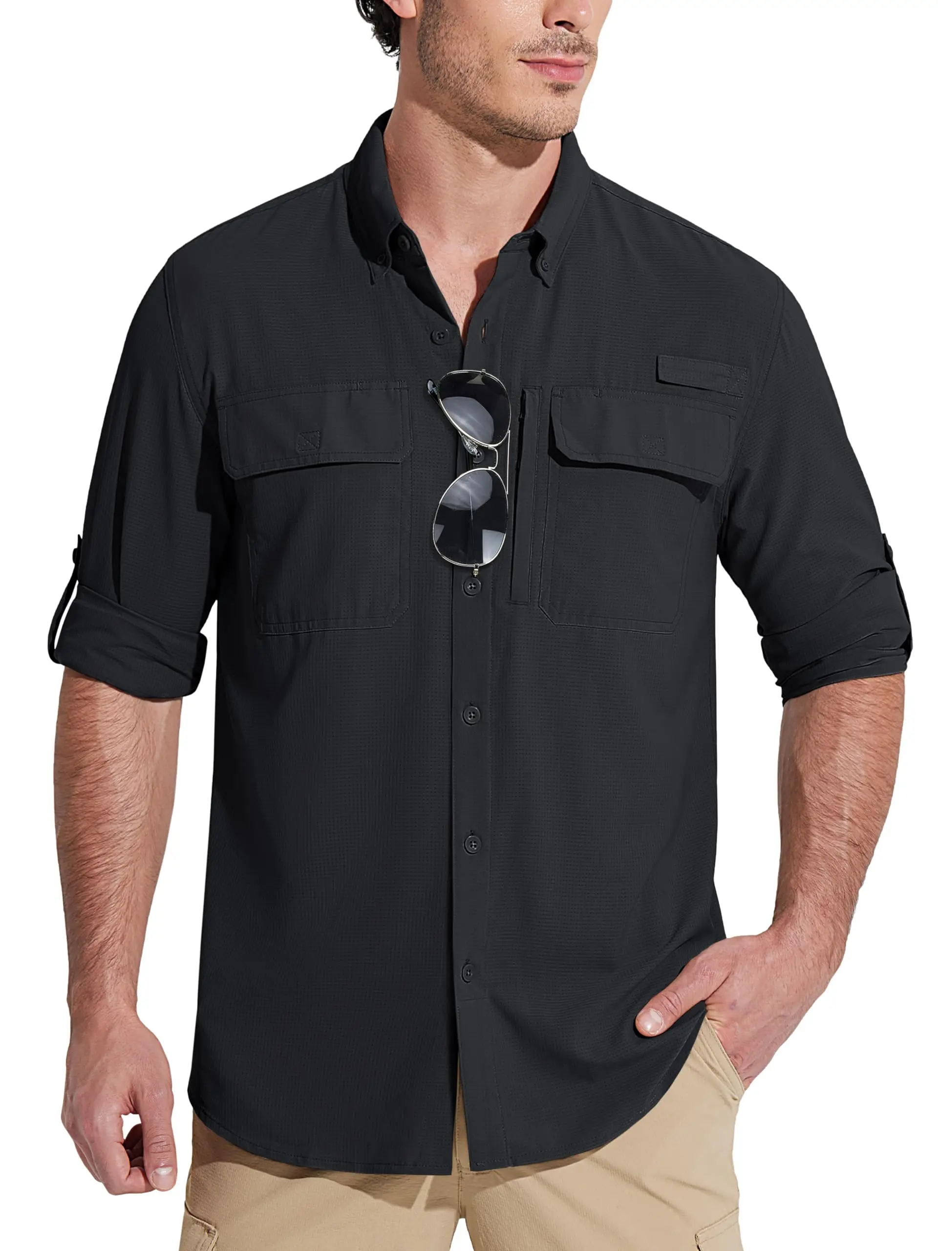MAGCOMSEN Sun Protection Shirt Quick Dry Long Sleeve Mesh Breathable Shirt Multi Pockets Fishing Shirts Hiking Work Cargo Shirts