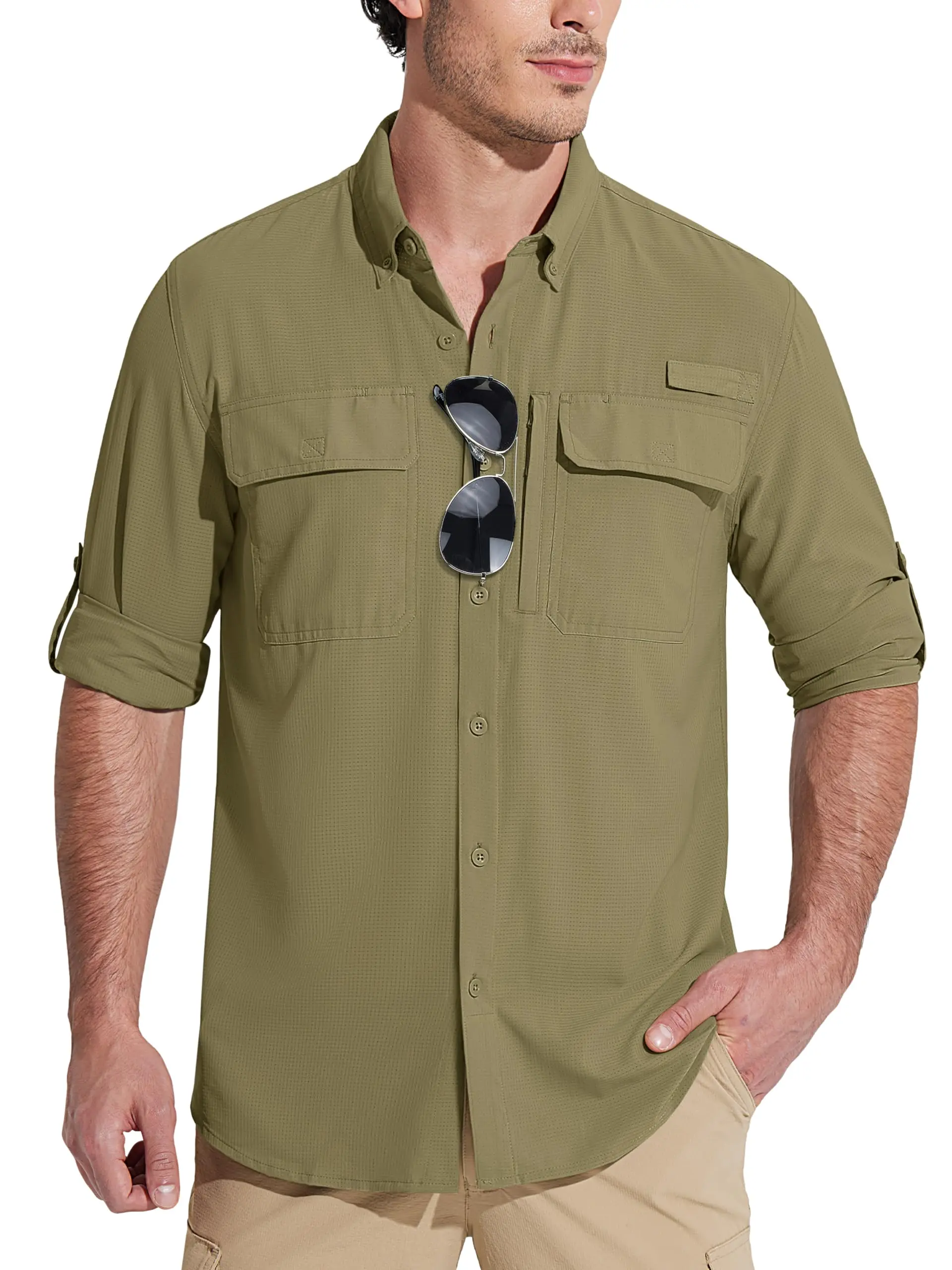 MAGCOMSEN Sun Protection Shirt Quick Dry Long Sleeve Mesh Breathable Shirt Multi Pockets Fishing Shirts Hiking Work Cargo Shirts