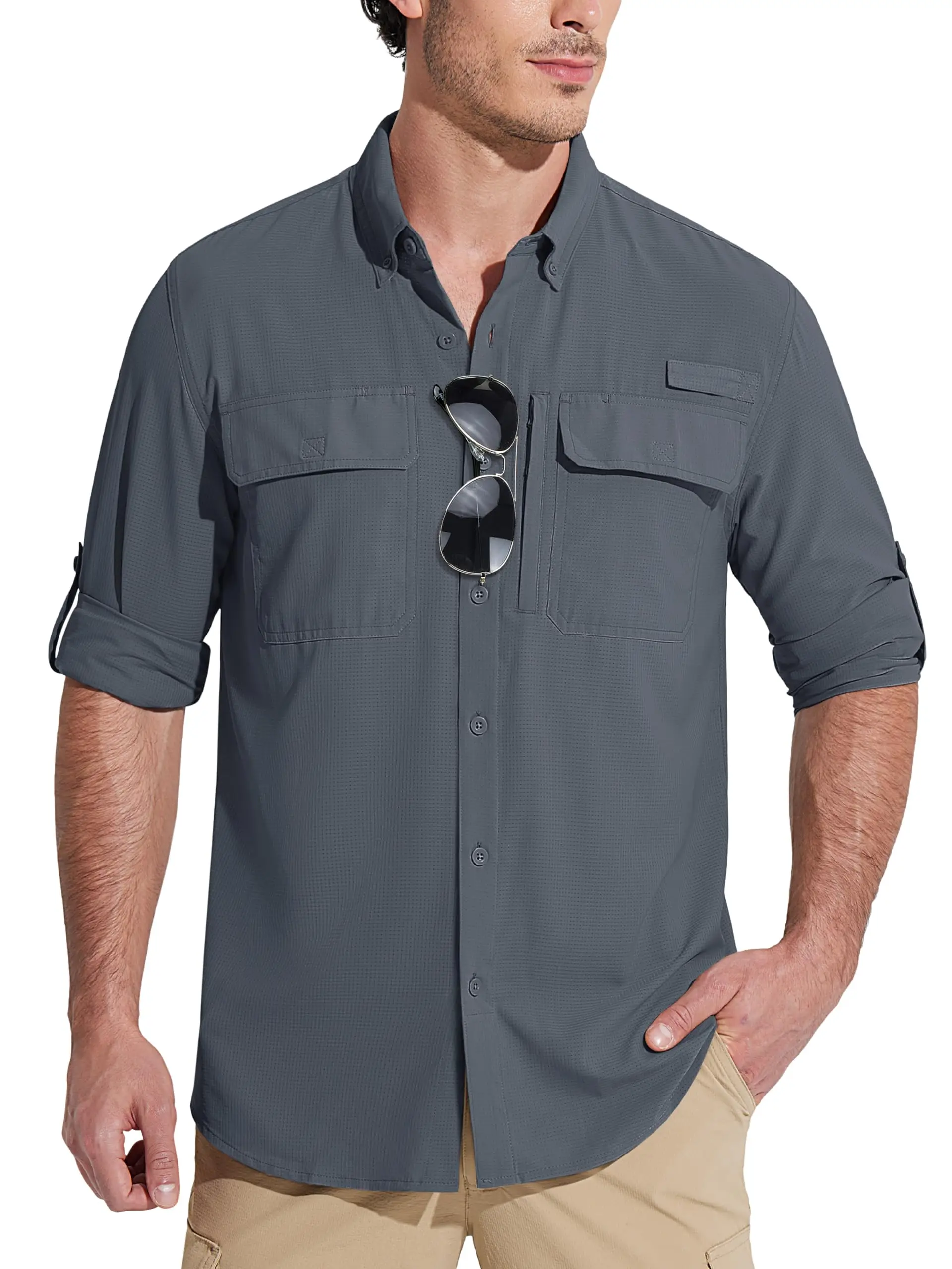 MAGCOMSEN Sun Protection Shirt Quick Dry Long Sleeve Mesh Breathable Shirt Multi Pockets Fishing Shirts Hiking Work Cargo Shirts