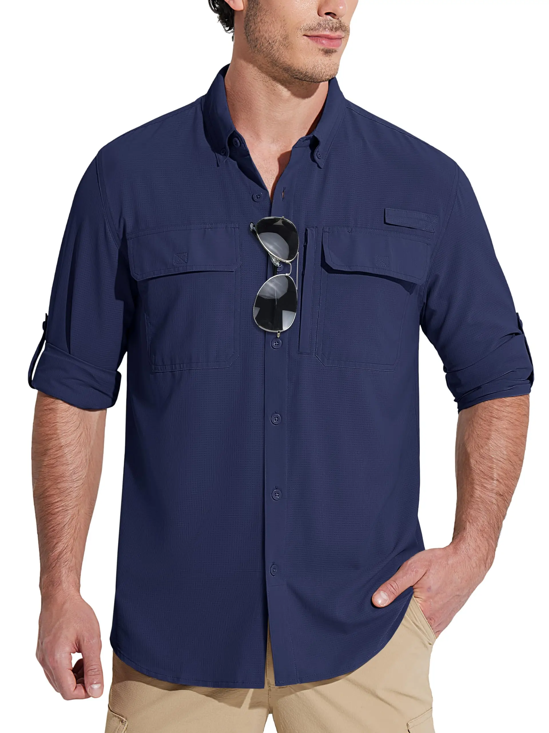MAGCOMSEN Sun Protection Shirt Quick Dry Long Sleeve Mesh Breathable Shirt Multi Pockets Fishing Shirts Hiking Work Cargo Shirts