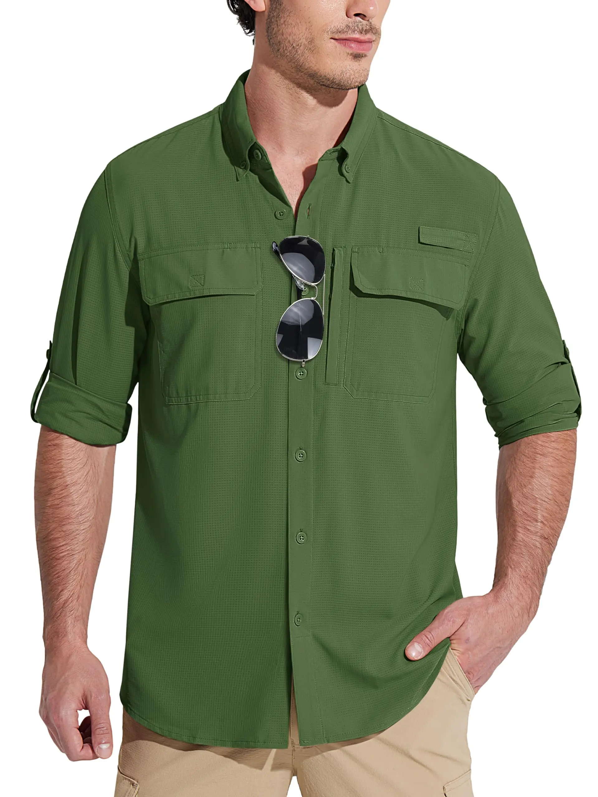MAGCOMSEN Sun Protection Shirt Quick Dry Long Sleeve Mesh Breathable Shirt Multi Pockets Fishing Shirts Hiking Work Cargo Shirts