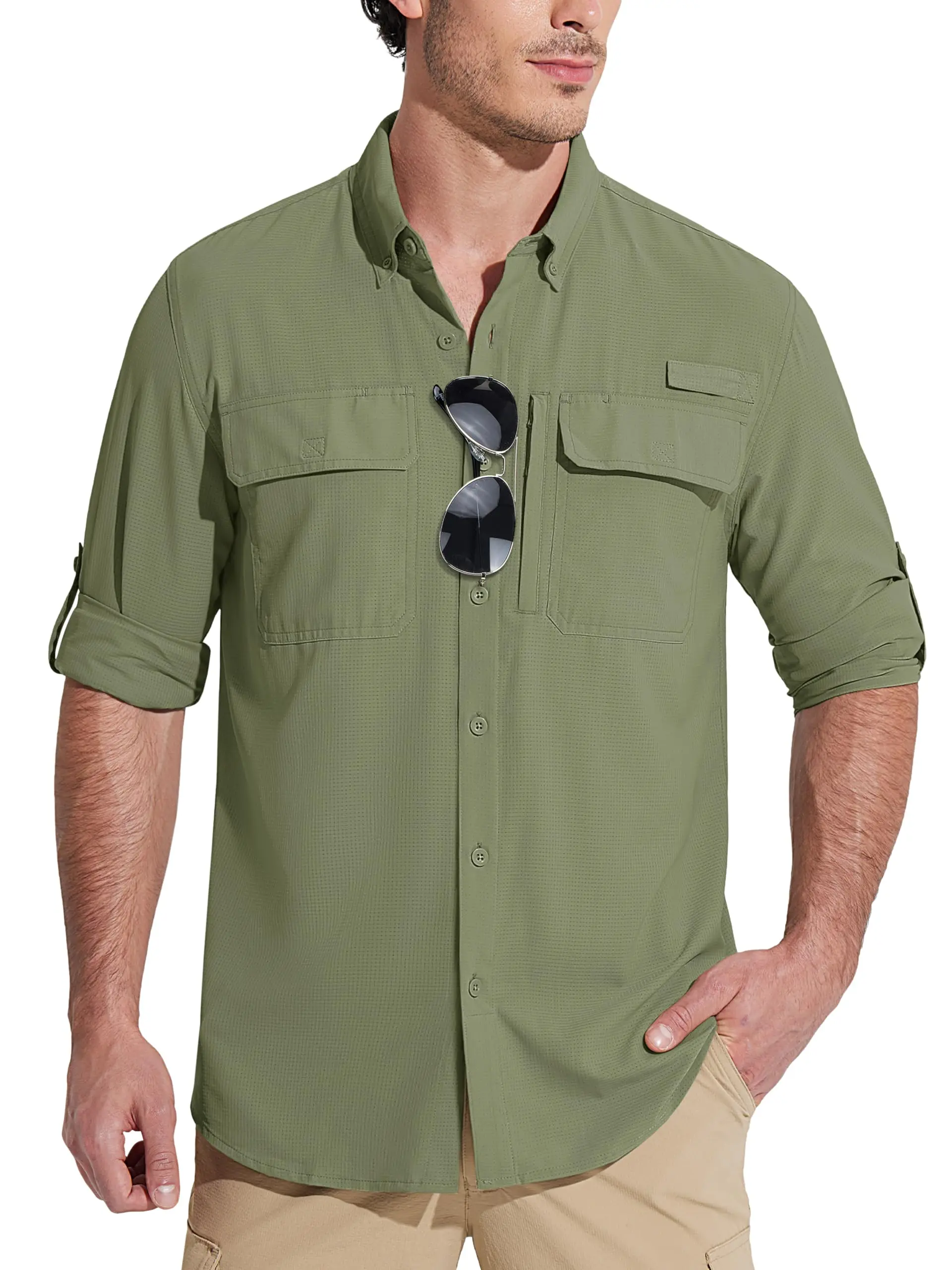 MAGCOMSEN Sun Protection Shirt Quick Dry Long Sleeve Mesh Breathable Shirt Multi Pockets Fishing Shirts Hiking Work Cargo Shirts