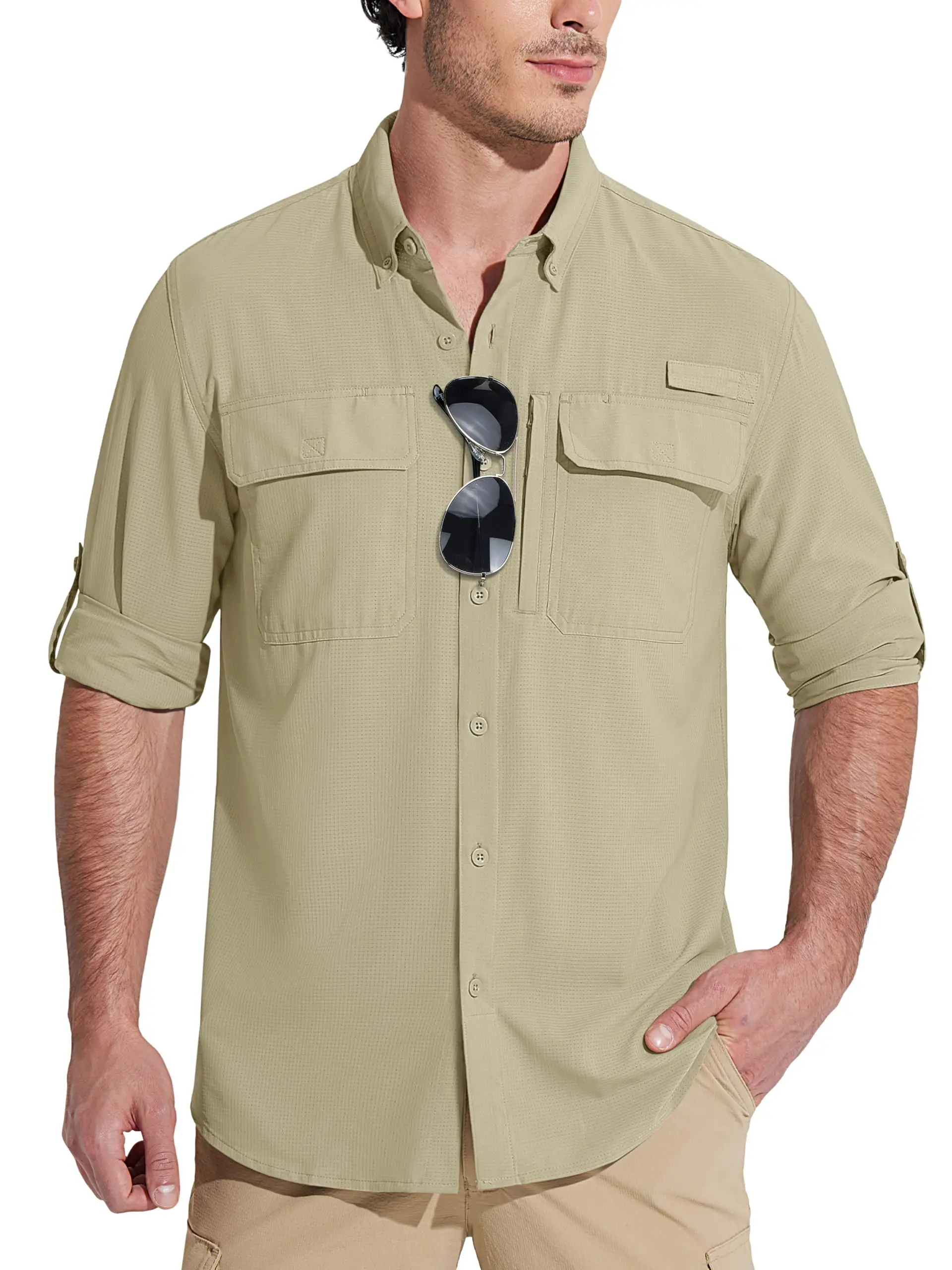 MAGCOMSEN Sun Protection Shirt Quick Dry Long Sleeve Mesh Breathable Shirt Multi Pockets Fishing Shirts Hiking Work Cargo Shirts