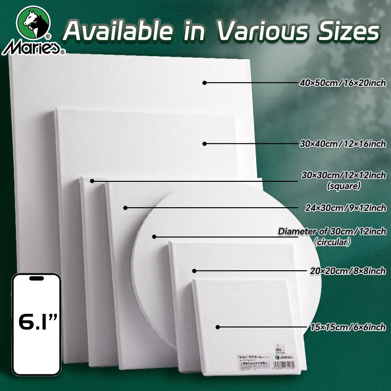 1pc Marie's Stretched Canvas,Primed White Canvas with 6x6/8x8/9x12/12x12/12x16/16x20" and Round 12" for Oil,Acrylic,Tempera