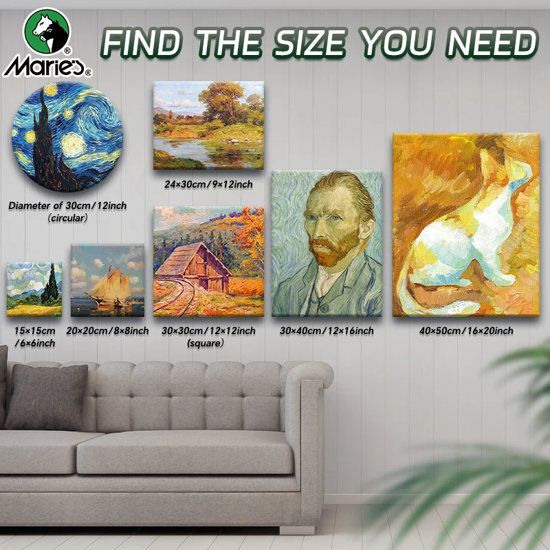 1pc Marie's Stretched Canvas,Primed White Canvas with 6x6/8x8/9x12/12x12/12x16/16x20" and Round 12" for Oil,Acrylic,Tempera