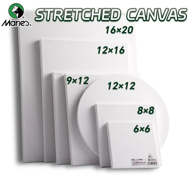 1pc Marie's Stretched Canvas,Primed White Canvas with 6x6/8x8/9x12/12x12/12x16/16x20" and Round 12" for Oil,Acrylic,Tempera