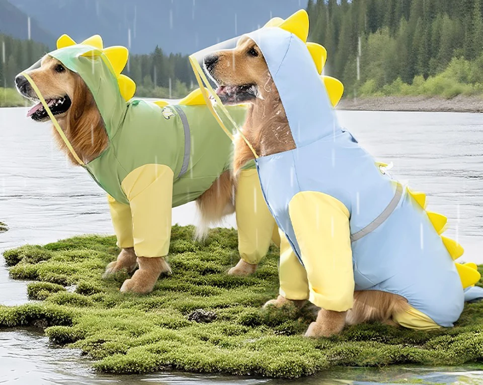 Large Dog Dinosaur Raincoat Golden Retriever Four Legged Waterproof Clothes Pet Summer All Inclusive With Tail Stereo Rain Ponch