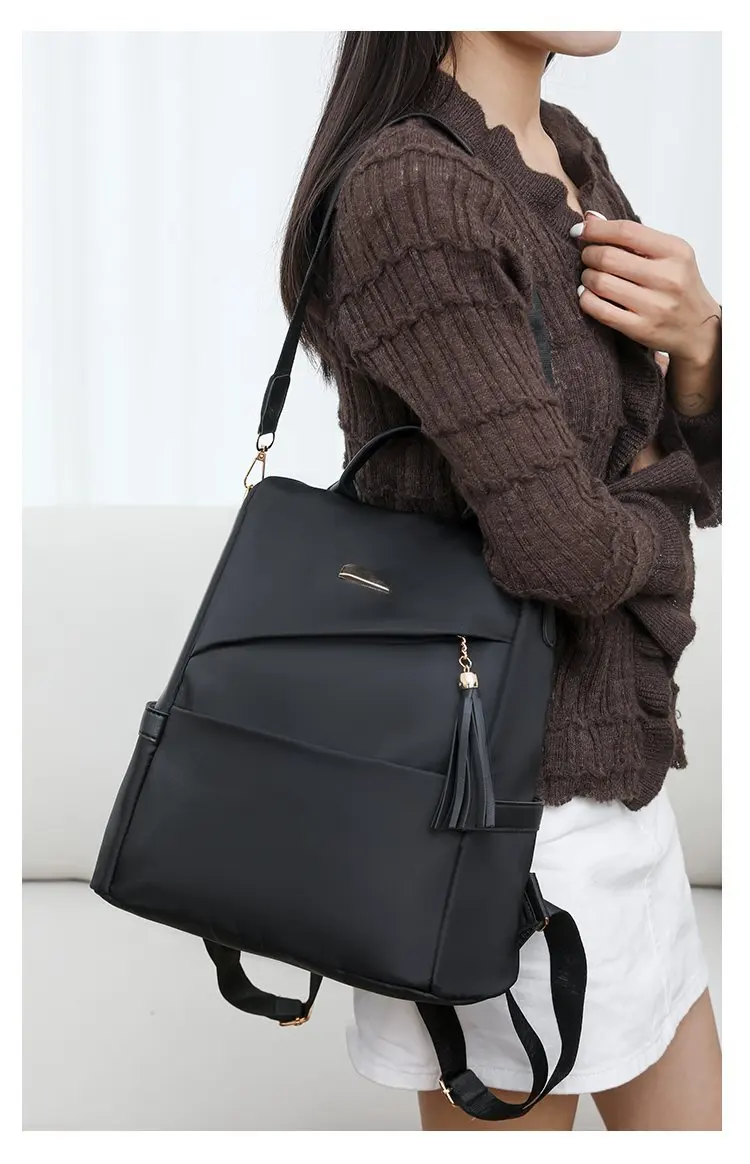 Fashion Women’s Nylon Anti-theft Backpack Tassel Decorative Casual Travel Female Shoulder Bag Large Capacity Student School Pack
