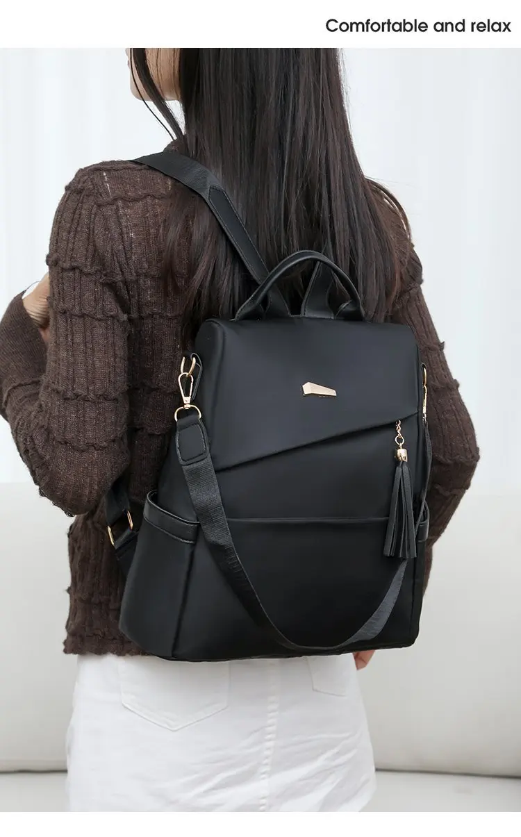 Fashion Women’s Nylon Anti-theft Backpack Tassel Decorative Casual Travel Female Shoulder Bag Large Capacity Student School Pack