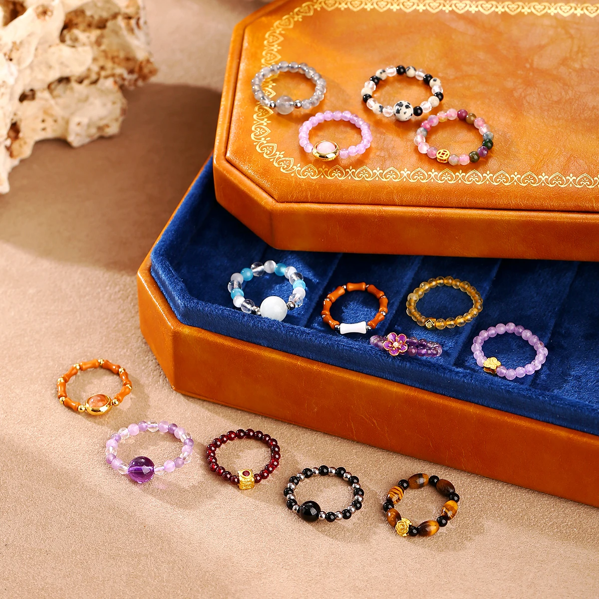 JD 3mm Natural Stone Amethyst Tourmaline Strand Rings Women Men Fashion Energy Healing Elastic Finger Rings Birthday Party Gifts