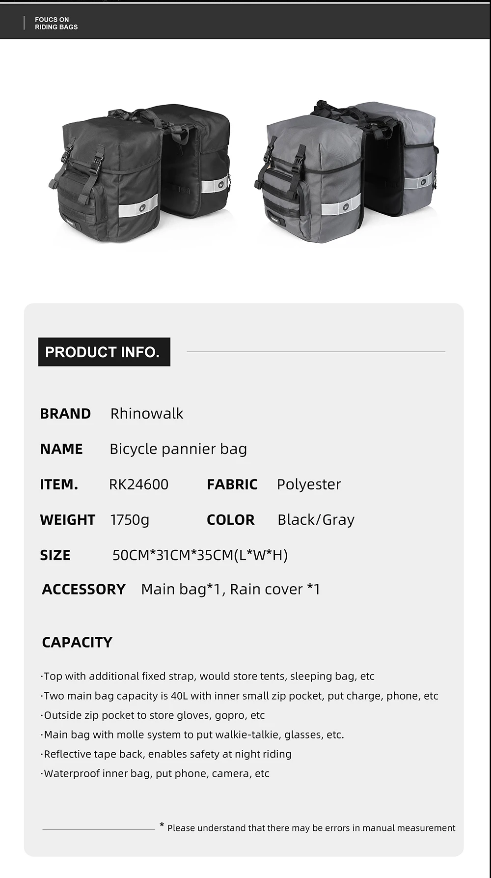 Rhinowalk Bicycle Pannier Bag 40L Waterproof Rear Rack Seat Trunk Bag With Rain Cover Handbag Cycling Storage Bag Accessories