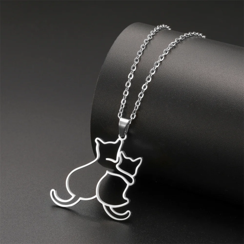 My Shape Hugging Puppy Kitten Necklace for Women Stainless Steel Pendant Chain Animal Cat Dog Jewelry Pets Lovers Gifts