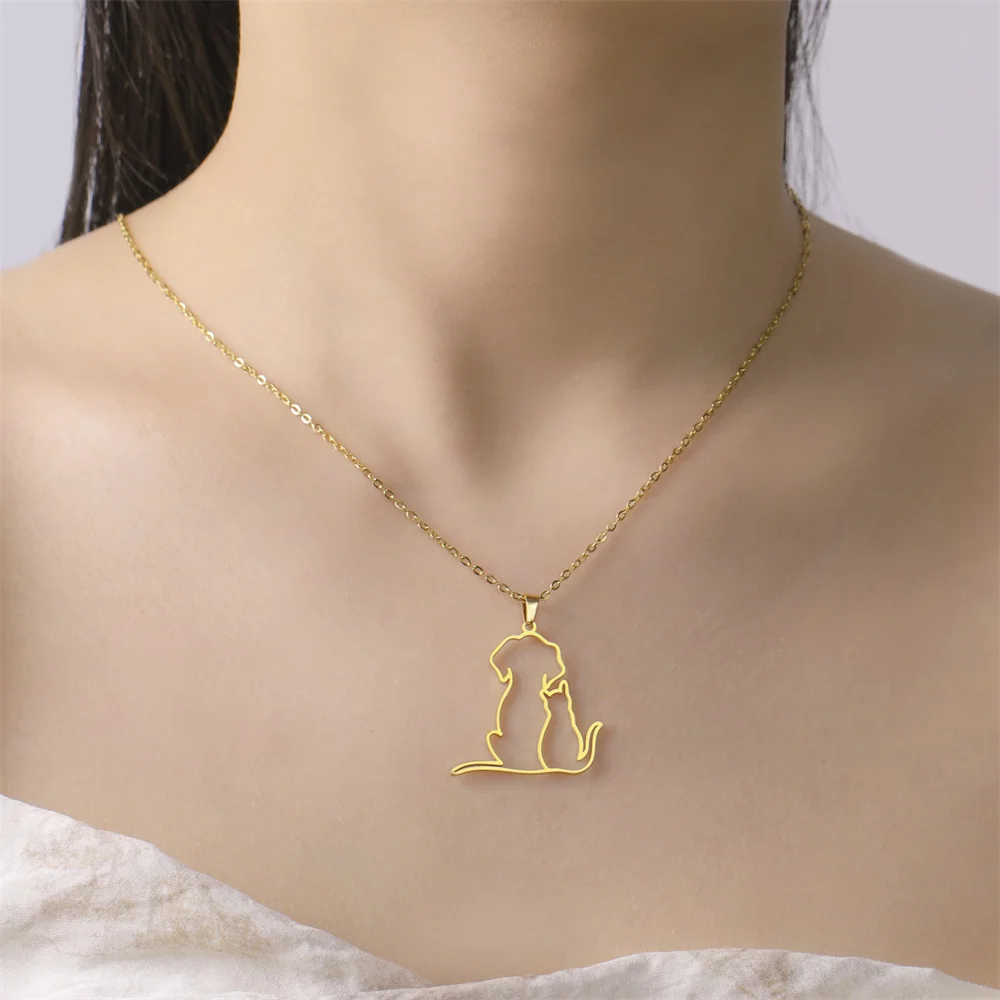 My Shape Hugging Puppy Kitten Necklace for Women Stainless Steel Pendant Chain Animal Cat Dog Jewelry Pets Lovers Gifts