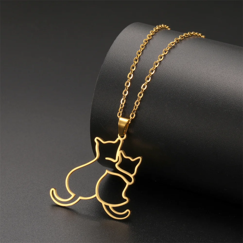 My Shape Hugging Puppy Kitten Necklace for Women Stainless Steel Pendant Chain Animal Cat Dog Jewelry Pets Lovers Gifts