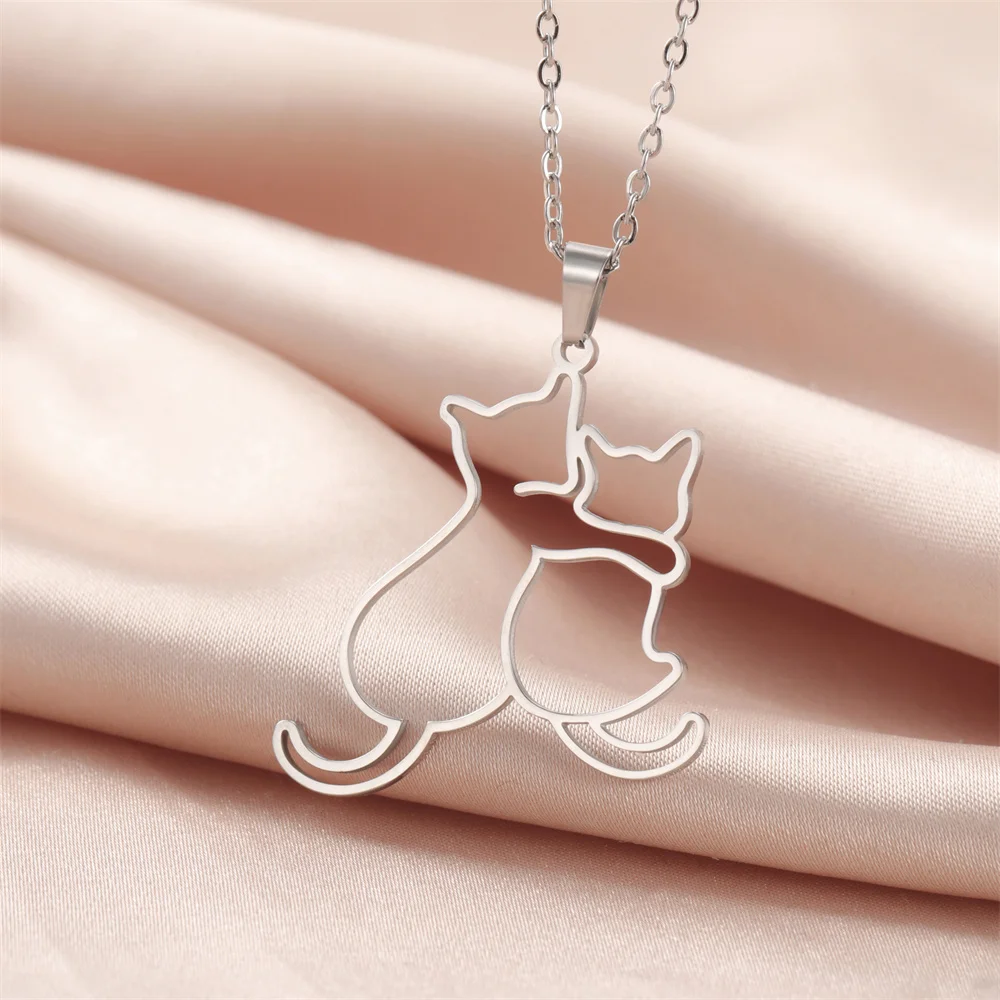 My Shape Hugging Puppy Kitten Necklace for Women Stainless Steel Pendant Chain Animal Cat Dog Jewelry Pets Lovers Gifts