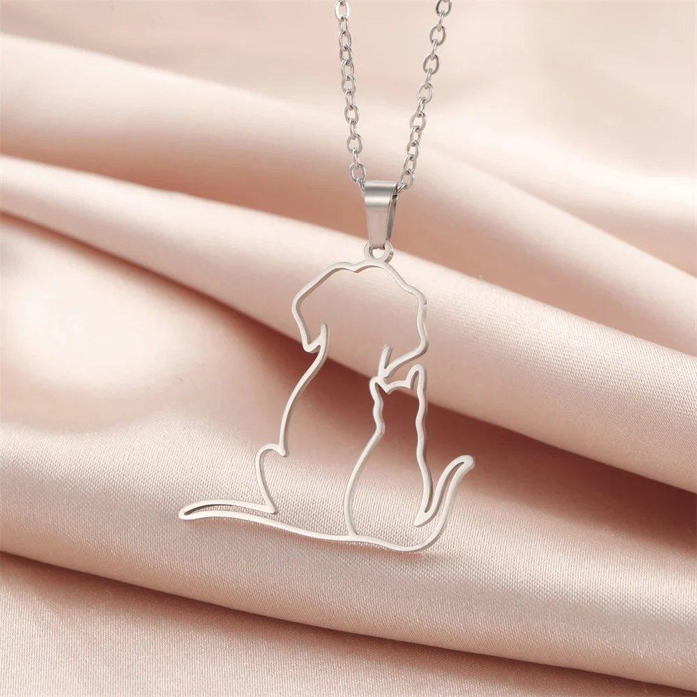 My Shape Hugging Puppy Kitten Necklace for Women Stainless Steel Pendant Chain Animal Cat Dog Jewelry Pets Lovers Gifts