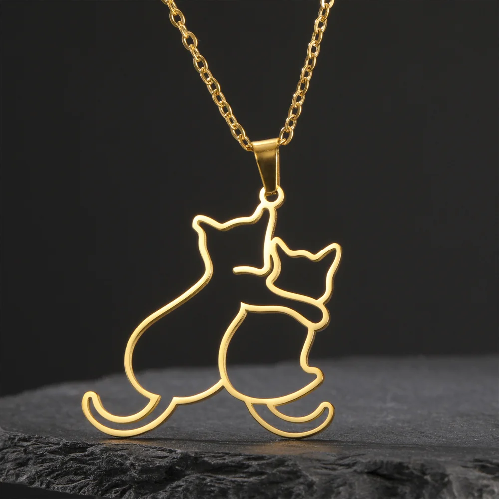 My Shape Hugging Puppy Kitten Necklace for Women Stainless Steel Pendant Chain Animal Cat Dog Jewelry Pets Lovers Gifts