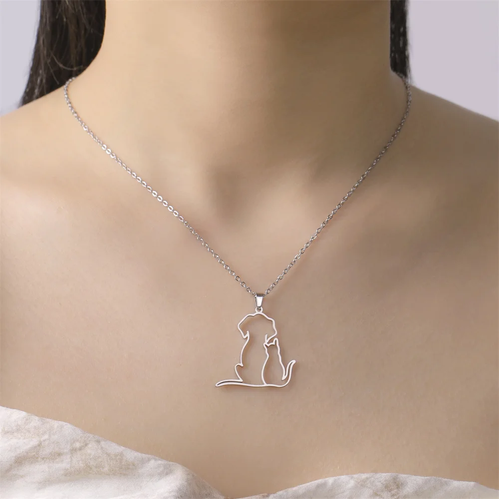 My Shape Hugging Puppy Kitten Necklace for Women Stainless Steel Pendant Chain Animal Cat Dog Jewelry Pets Lovers Gifts