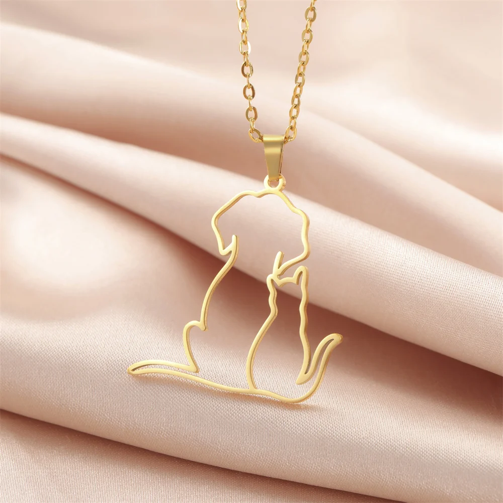 My Shape Hugging Puppy Kitten Necklace for Women Stainless Steel Pendant Chain Animal Cat Dog Jewelry Pets Lovers Gifts