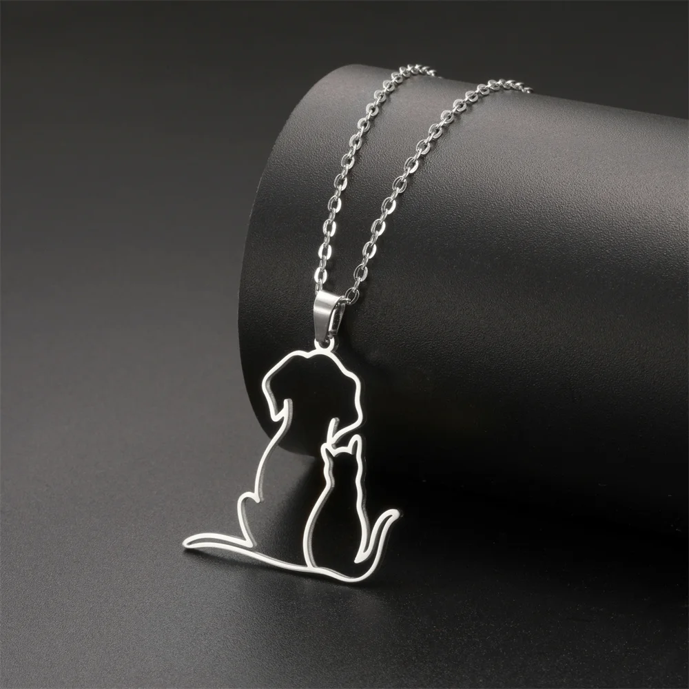 My Shape Hugging Puppy Kitten Necklace for Women Stainless Steel Pendant Chain Animal Cat Dog Jewelry Pets Lovers Gifts