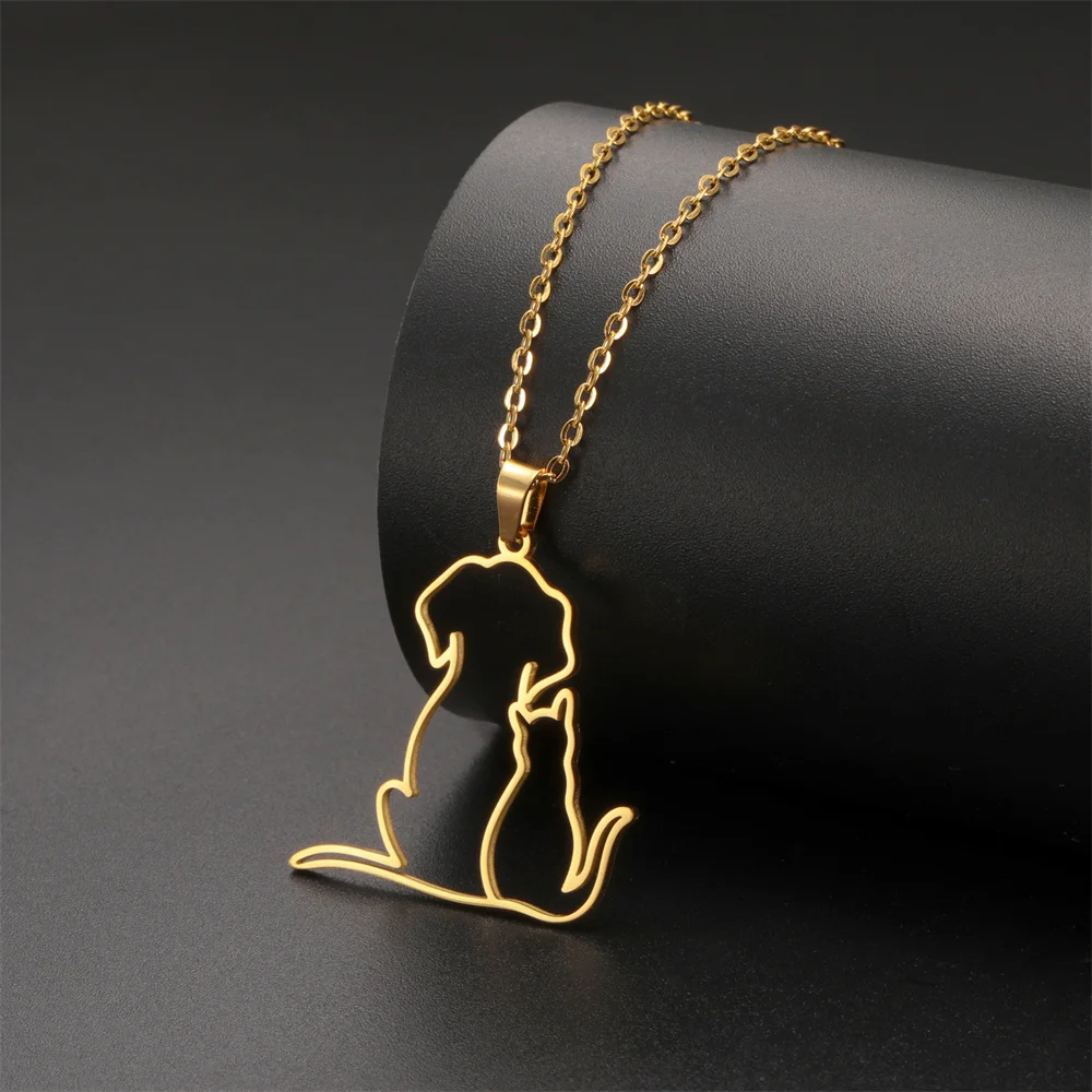 My Shape Hugging Puppy Kitten Necklace for Women Stainless Steel Pendant Chain Animal Cat Dog Jewelry Pets Lovers Gifts