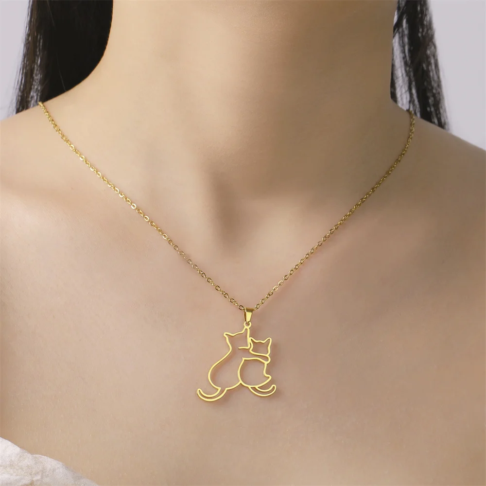 My Shape Hugging Puppy Kitten Necklace for Women Stainless Steel Pendant Chain Animal Cat Dog Jewelry Pets Lovers Gifts