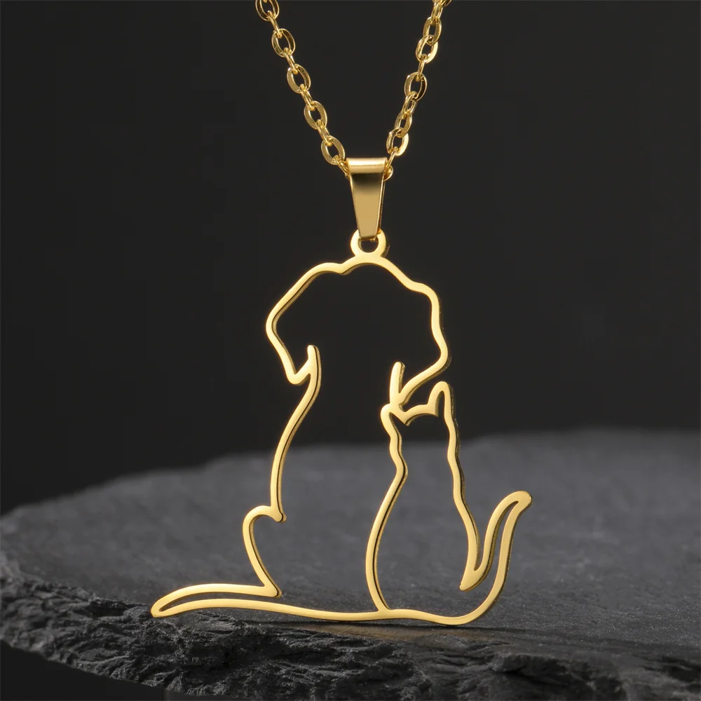 My Shape Hugging Puppy Kitten Necklace for Women Stainless Steel Pendant Chain Animal Cat Dog Jewelry Pets Lovers Gifts