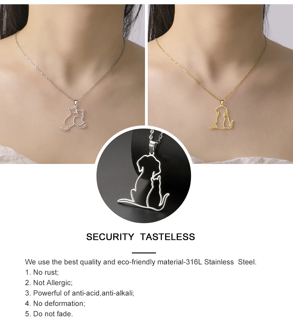 My Shape Hugging Puppy Kitten Necklace for Women Stainless Steel Pendant Chain Animal Cat Dog Jewelry Pets Lovers Gifts