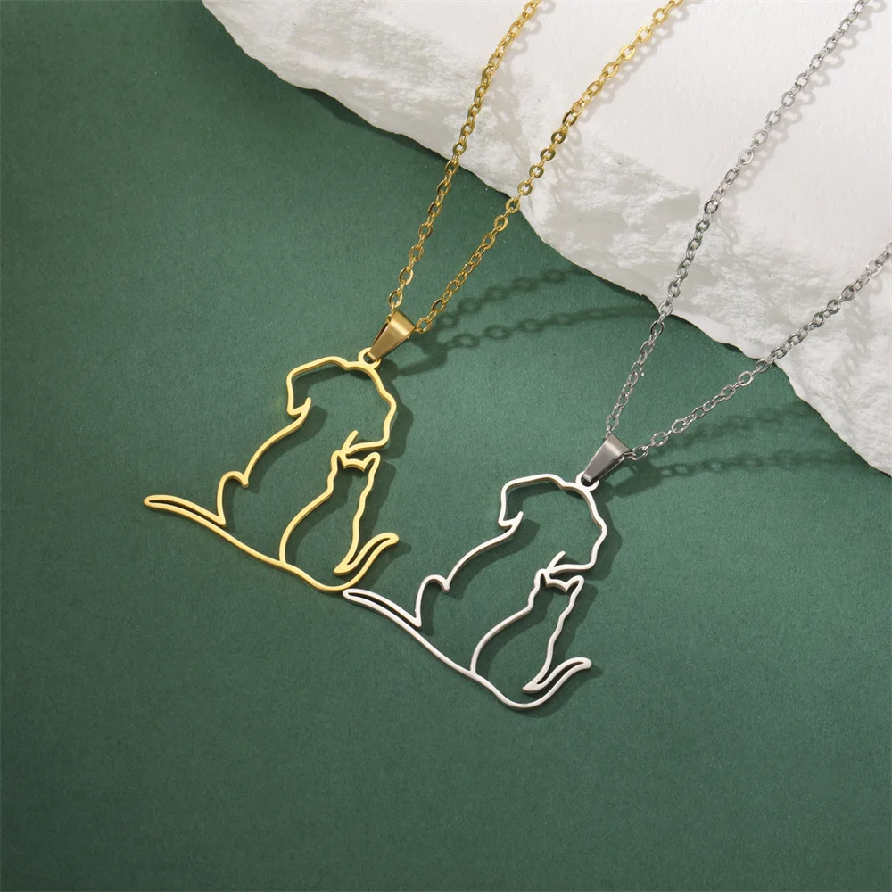 My Shape Hugging Puppy Kitten Necklace for Women Stainless Steel Pendant Chain Animal Cat Dog Jewelry Pets Lovers Gifts