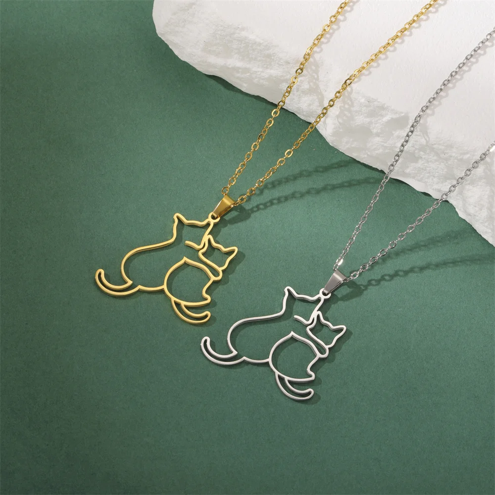 My Shape Hugging Puppy Kitten Necklace for Women Stainless Steel Pendant Chain Animal Cat Dog Jewelry Pets Lovers Gifts