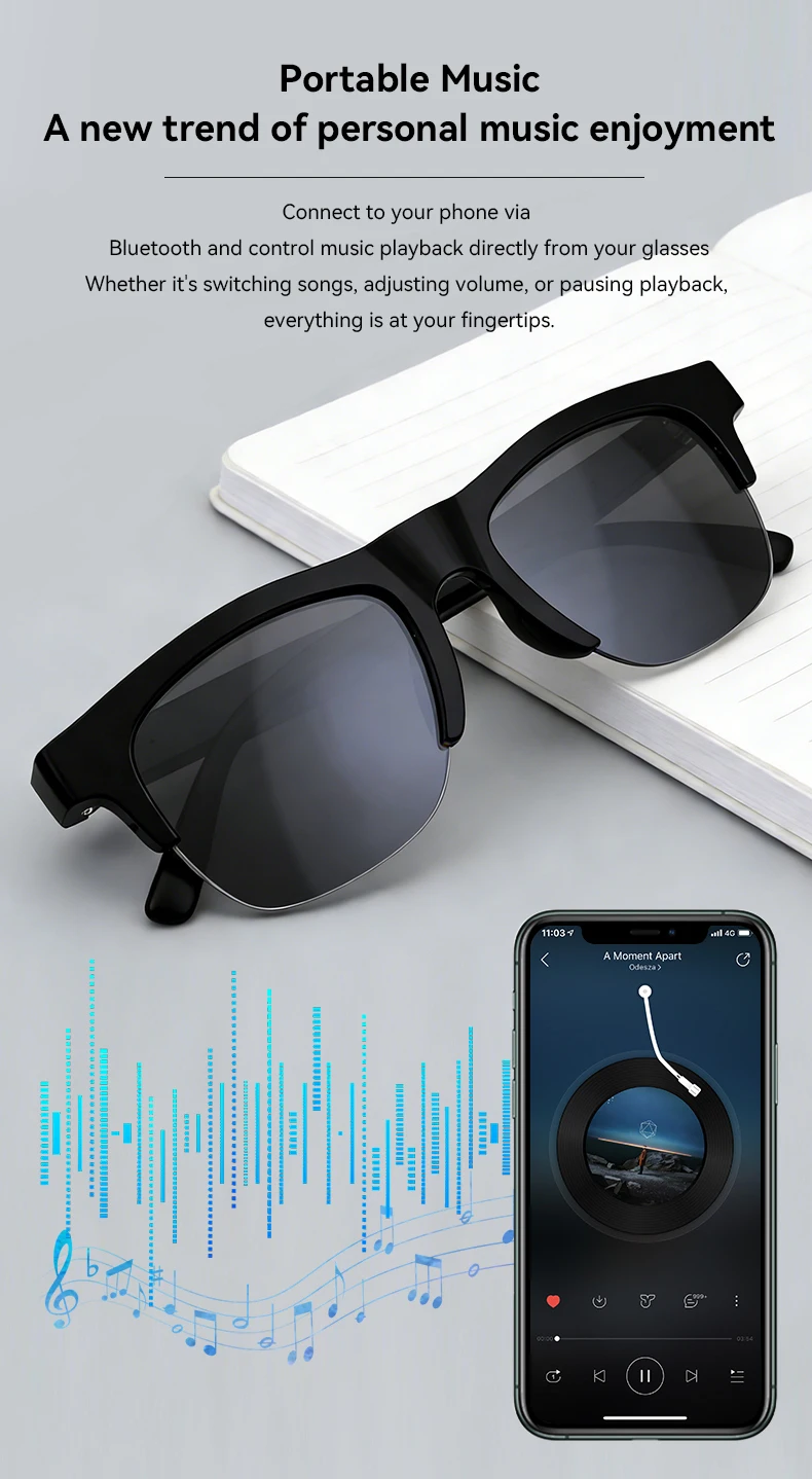 New Smart Glasses 2026 Music Sunglasses Headphones Wireless Bluetooth Call Headset HIFI Audio Glasses For Android