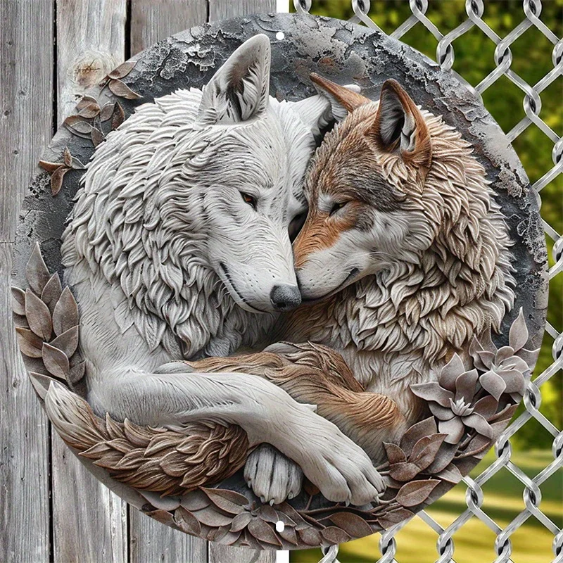 Wolf Couple Metal Wall Art - 8" Aluminum Round Wreath Sign - Weather Resistant HD Print for Home Decor