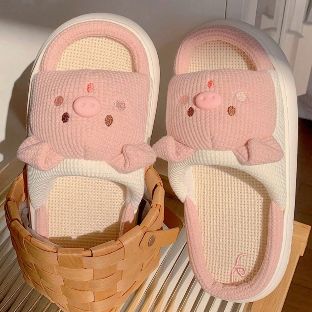 2023 New Pink 3.5cm Fashion Soft Ladies Casual Cute Piggy Pattern Design Comfortable Female Linen Home Slippers