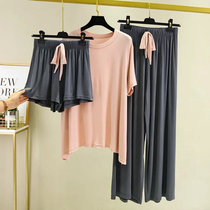 Fdfklak Short-Sleeved Shorts + Trousers Women 3 Pcs Home Suit Summer New Pajamas Modal Nightwear Pyjama Femme Sleeping Clothes