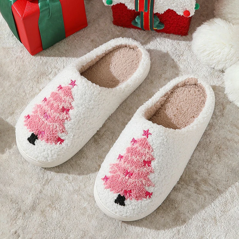 Christmas Tree Fluffy Slide Slippers Ladies Soft Plush Winter Home Footwear Party Gift for Girls Holiday Xmas Indoor Women Shoes