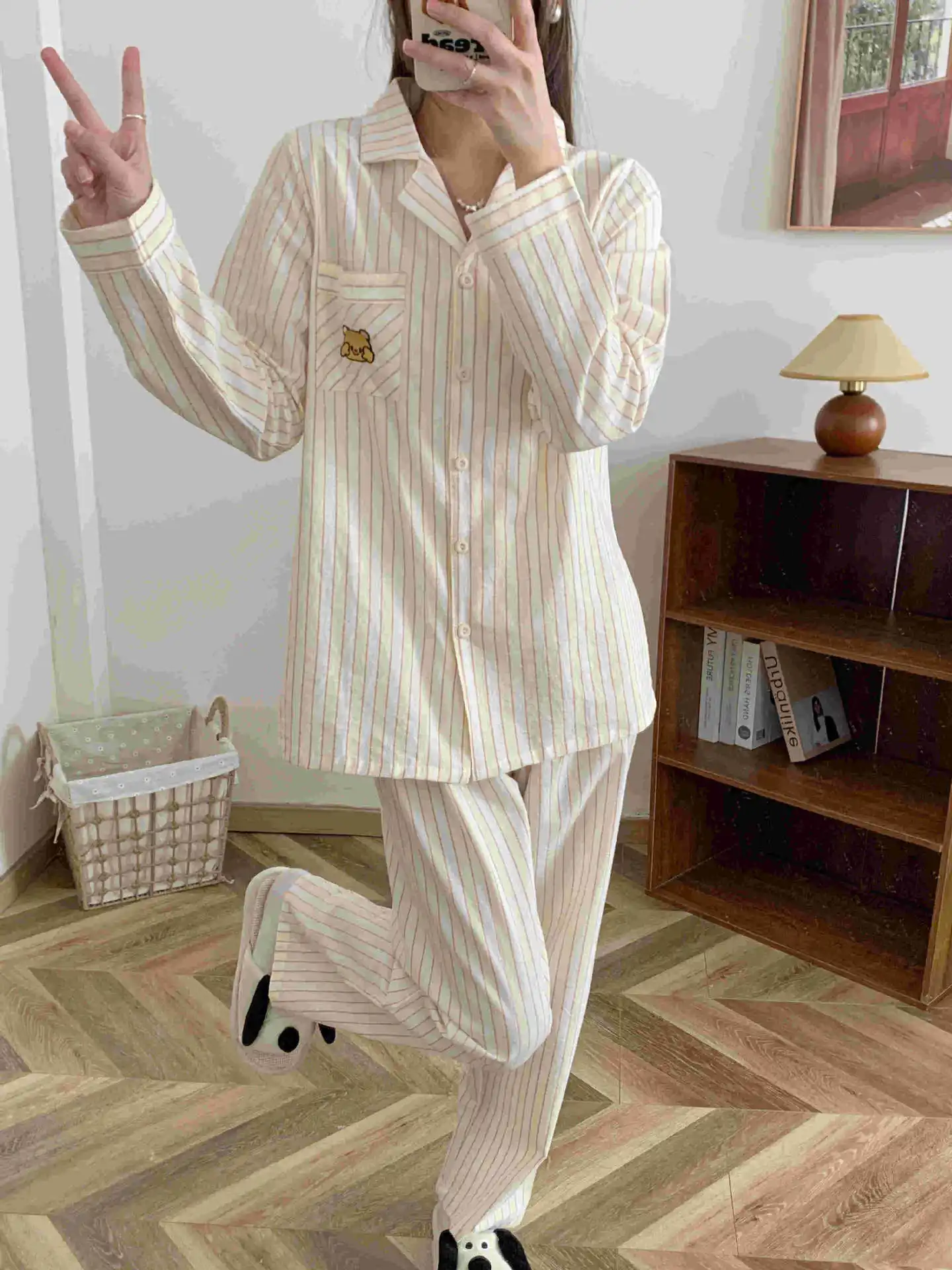 2026 New Spring/Summer Japanese Women's Striped Pajama Set 100% Cotton Long Sleeve Long Pants Two Piece Set Thin Home Clothing