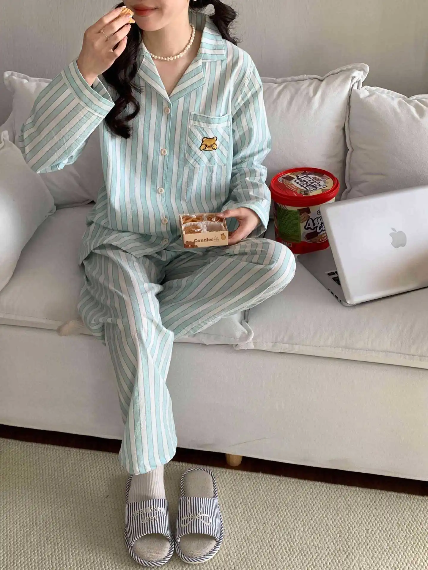 2026 New Spring/Summer Japanese Women's Striped Pajama Set 100% Cotton Long Sleeve Long Pants Two Piece Set Thin Home Clothing