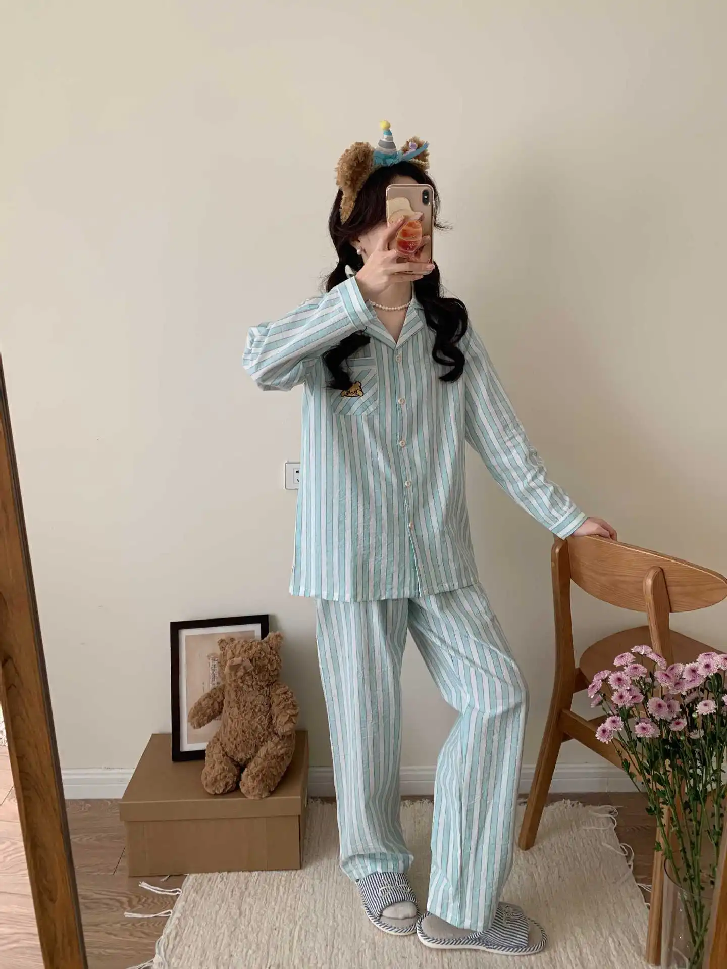2026 New Spring/Summer Japanese Women's Striped Pajama Set 100% Cotton Long Sleeve Long Pants Two Piece Set Thin Home Clothing