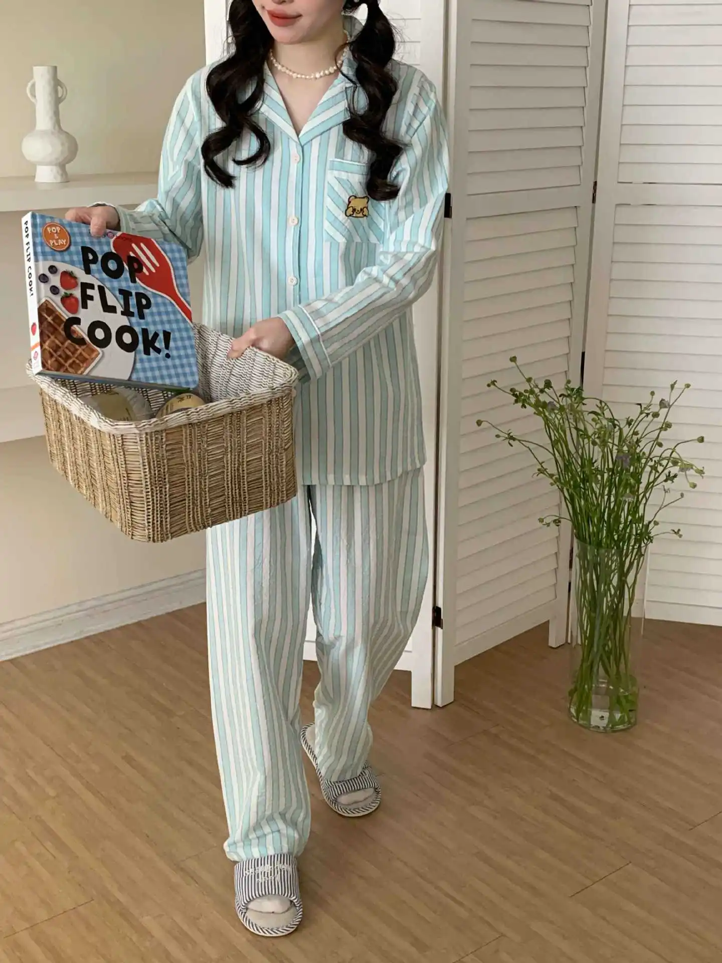 2026 New Spring/Summer Japanese Women's Striped Pajama Set 100% Cotton Long Sleeve Long Pants Two Piece Set Thin Home Clothing